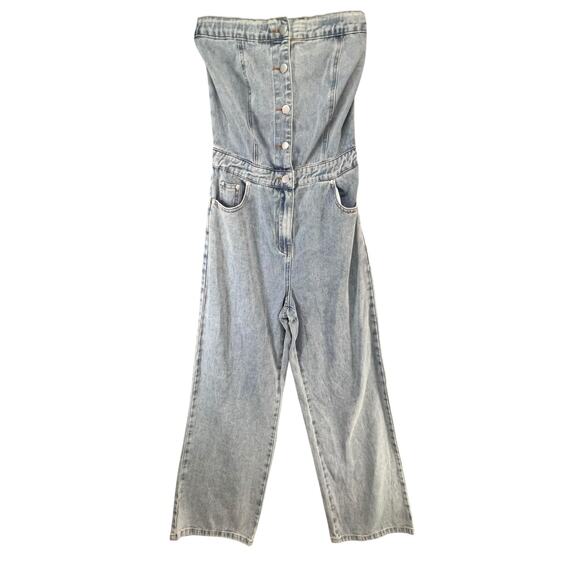 The Post Jean Jumpsuit S Blue Strapless Button Straight Denim Streetwear Utility - Picture 1 of 13